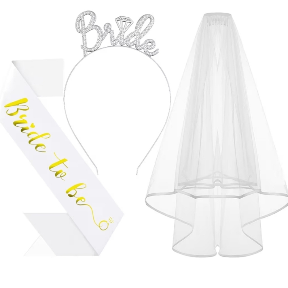 3Pcs Bride to Be Headband with Sash and Veil